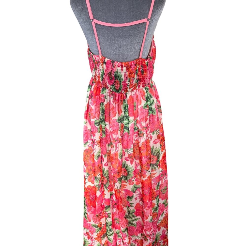 Pink Floral Sleeveless Midi Dress With Adjustable Tie Front & Smocked Back - Picture 3 of 5